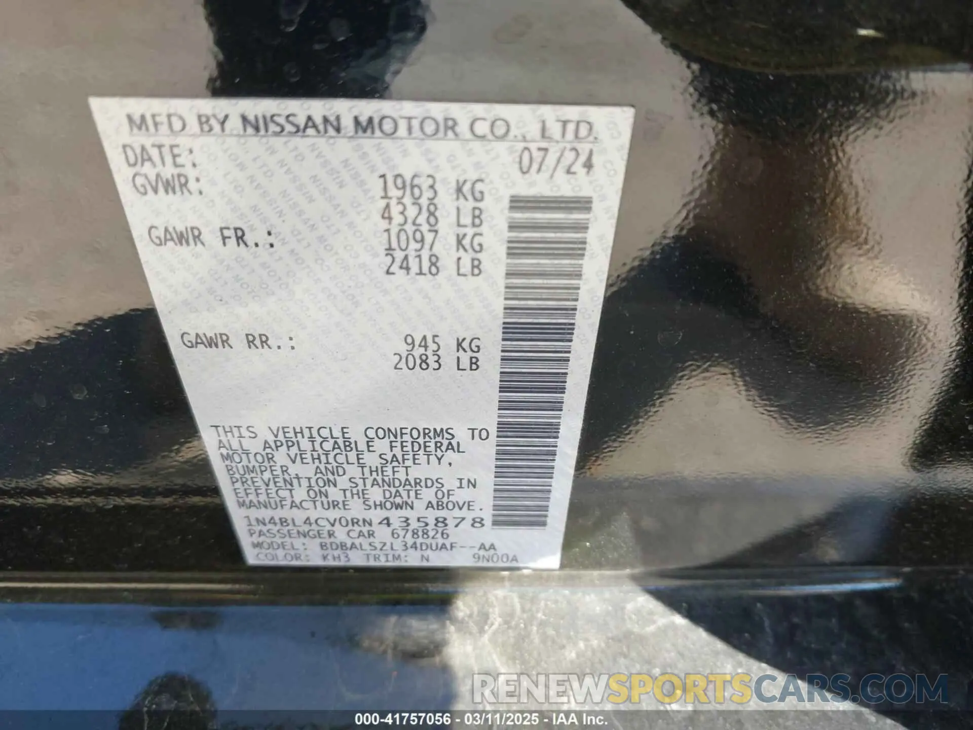 9 fotografías del automóvil dañado 1N4BL4CV0RN435878 NISSAN ALTIMA 2024