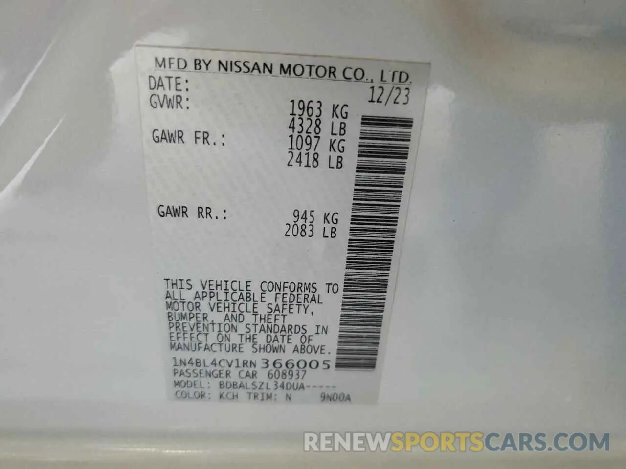 12 fotografías del automóvil dañado 1N4BL4CV1RN366005 NISSAN ALTIMA 2024