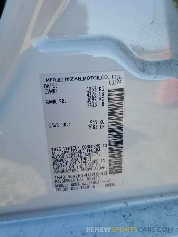 14 fotografías del automóvil dañado 1N4BL4CV2RN408648 NISSAN ALTIMA 2024