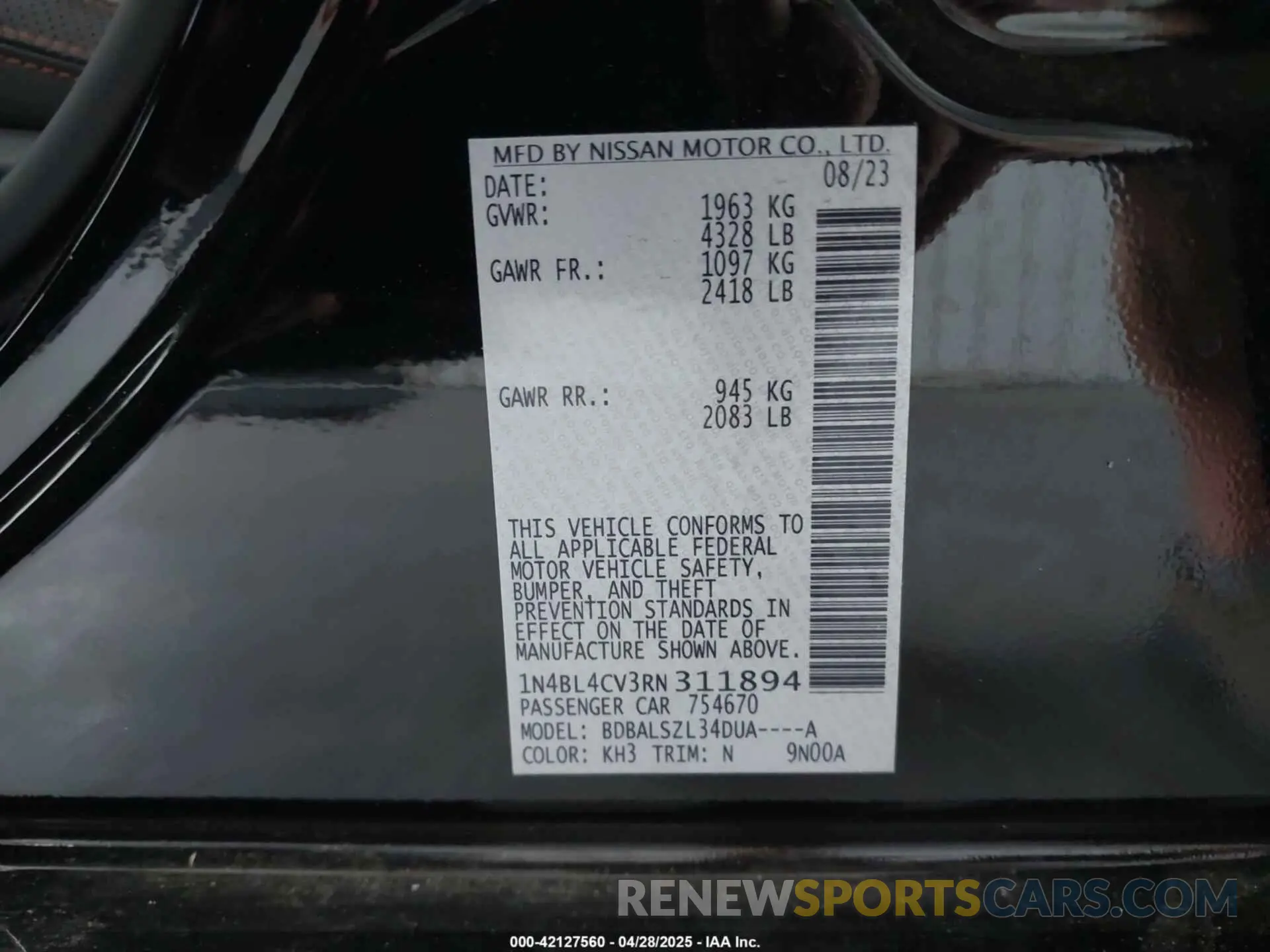9 fotografías del automóvil dañado 1N4BL4CV3RN311894 NISSAN ALTIMA 2024