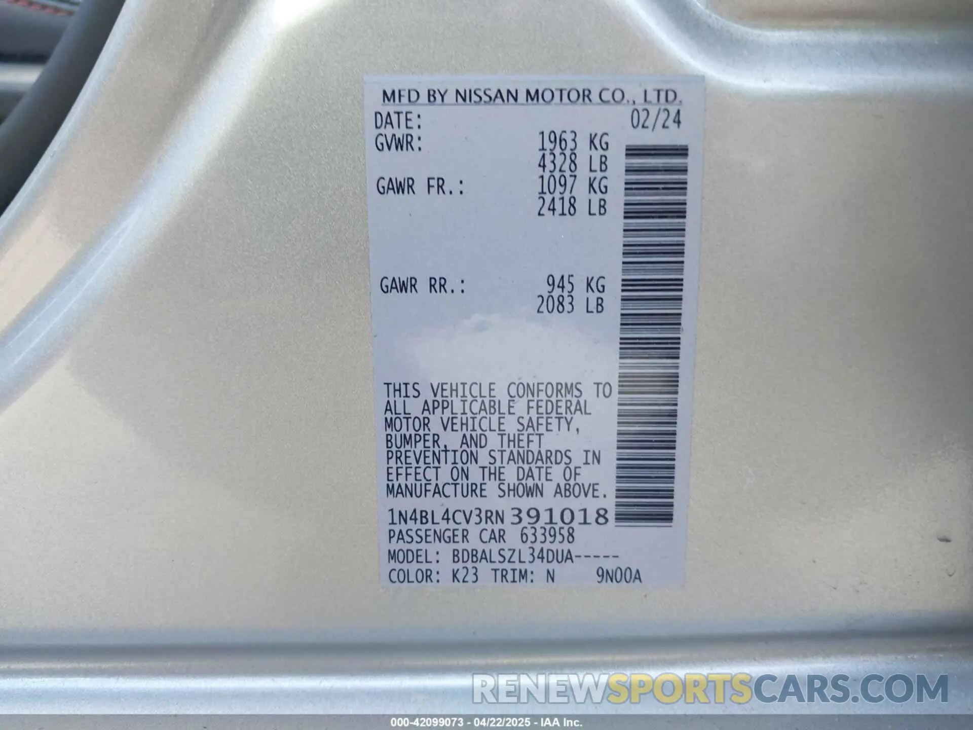 9 fotografías del automóvil dañado 1N4BL4CV3RN391018 NISSAN ALTIMA 2024