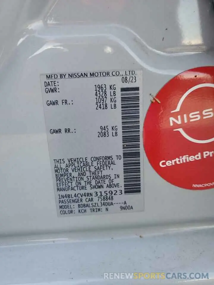 13 fotografías del automóvil dañado 1N4BL4CV4RN315923 NISSAN ALTIMA 2024