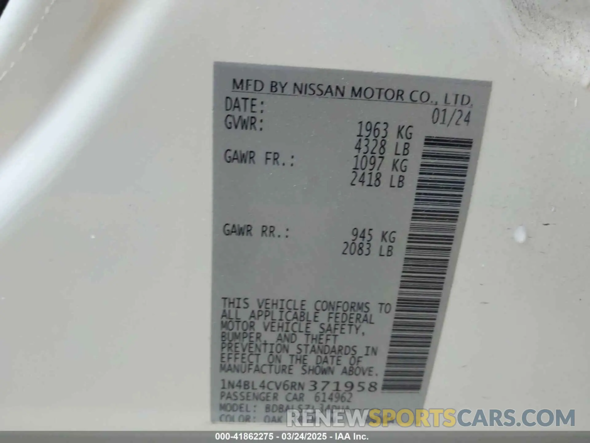 9 fotografías del automóvil dañado 1N4BL4CV6RN371958 NISSAN ALTIMA 2024