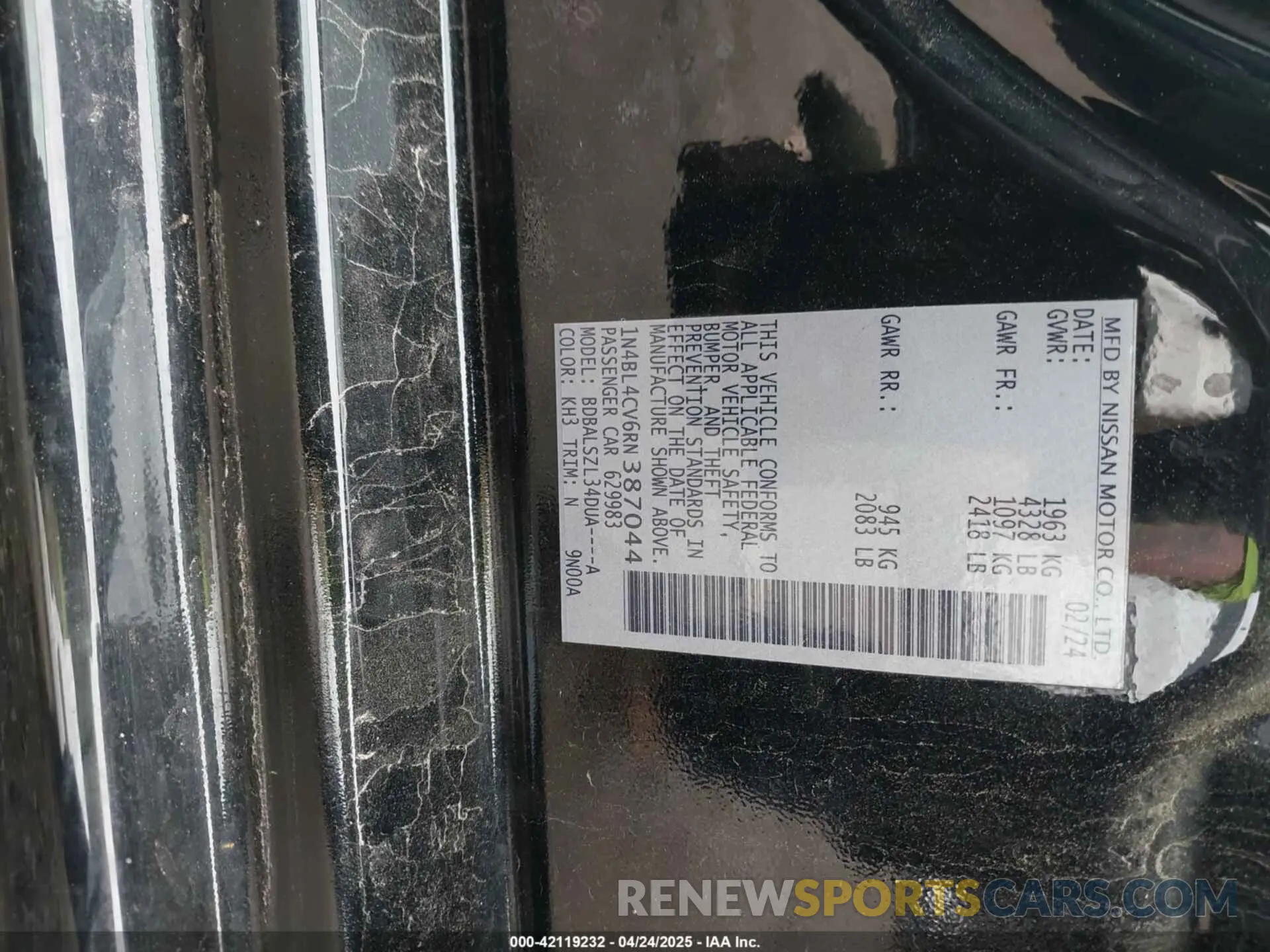 9 fotografías del automóvil dañado 1N4BL4CV6RN387044 NISSAN ALTIMA 2024