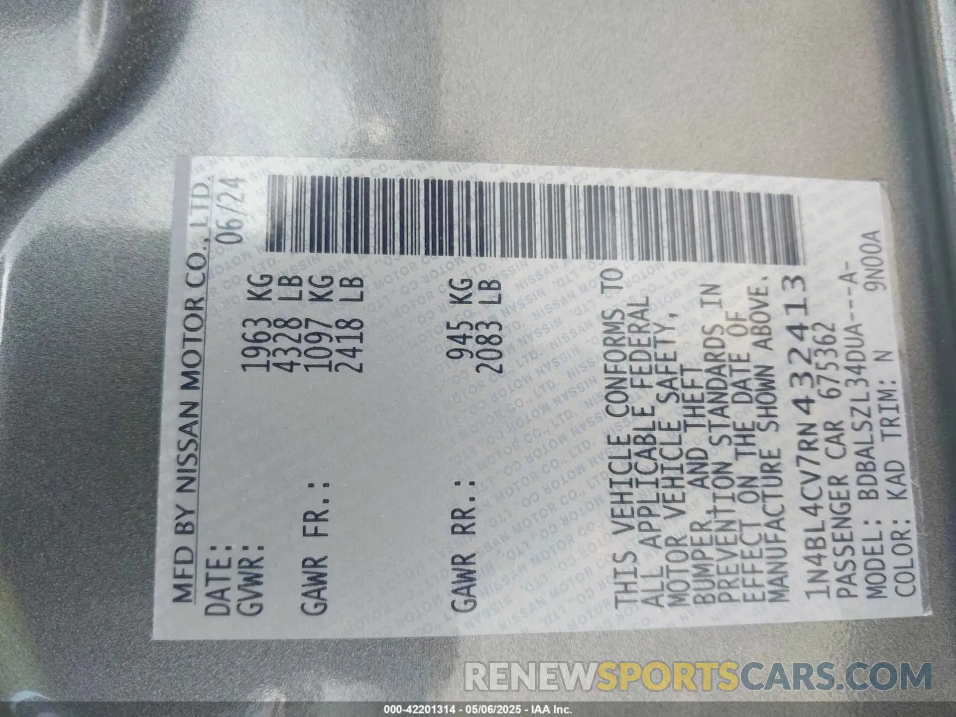 9 fotografías del automóvil dañado 1N4BL4CV7RN432413 NISSAN ALTIMA 2024