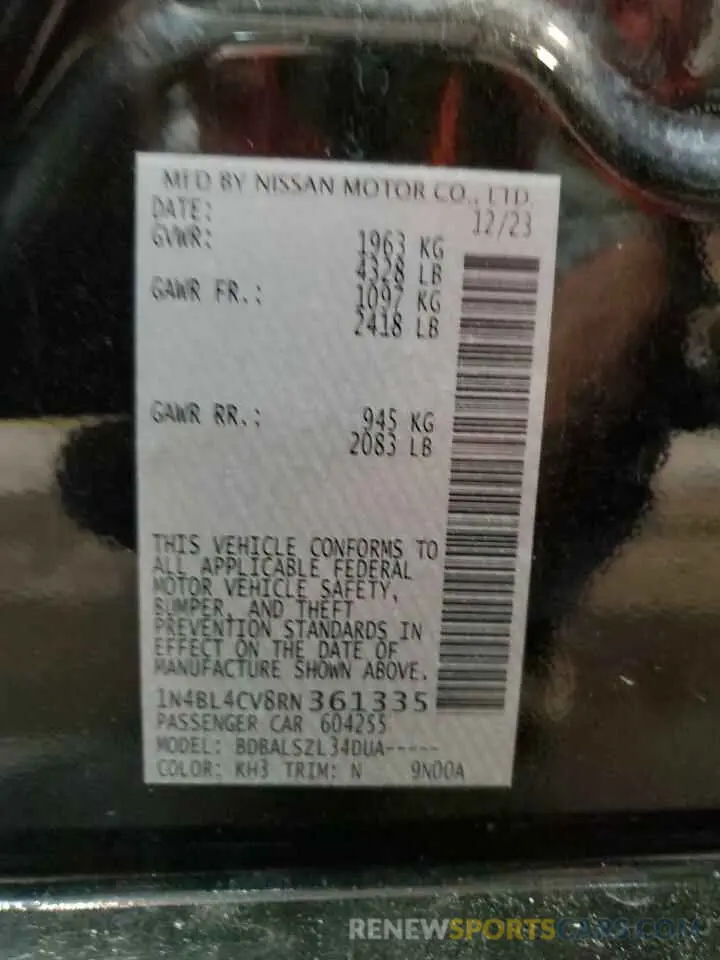 13 fotografías del automóvil dañado 1N4BL4CV8RN361335 NISSAN ALTIMA 2024