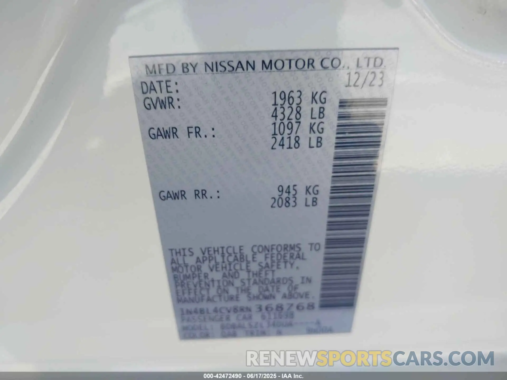 9 fotografías del automóvil dañado 1N4BL4CV8RN368768 NISSAN ALTIMA 2024