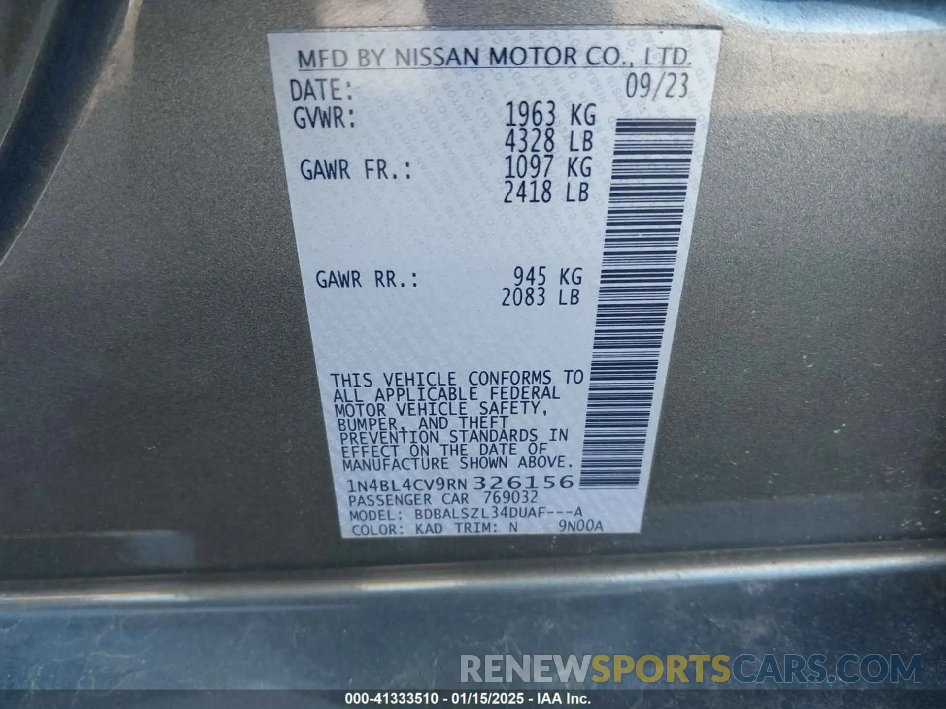 9 fotografías del automóvil dañado 1N4BL4CV9RN326156 NISSAN ALTIMA 2024
