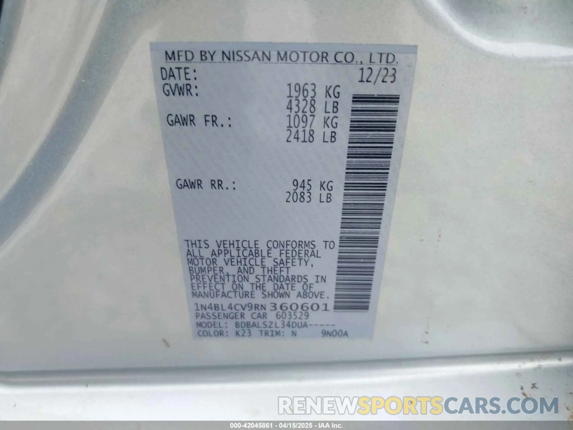 9 fotografías del automóvil dañado 1N4BL4CV9RN360601 NISSAN ALTIMA 2024