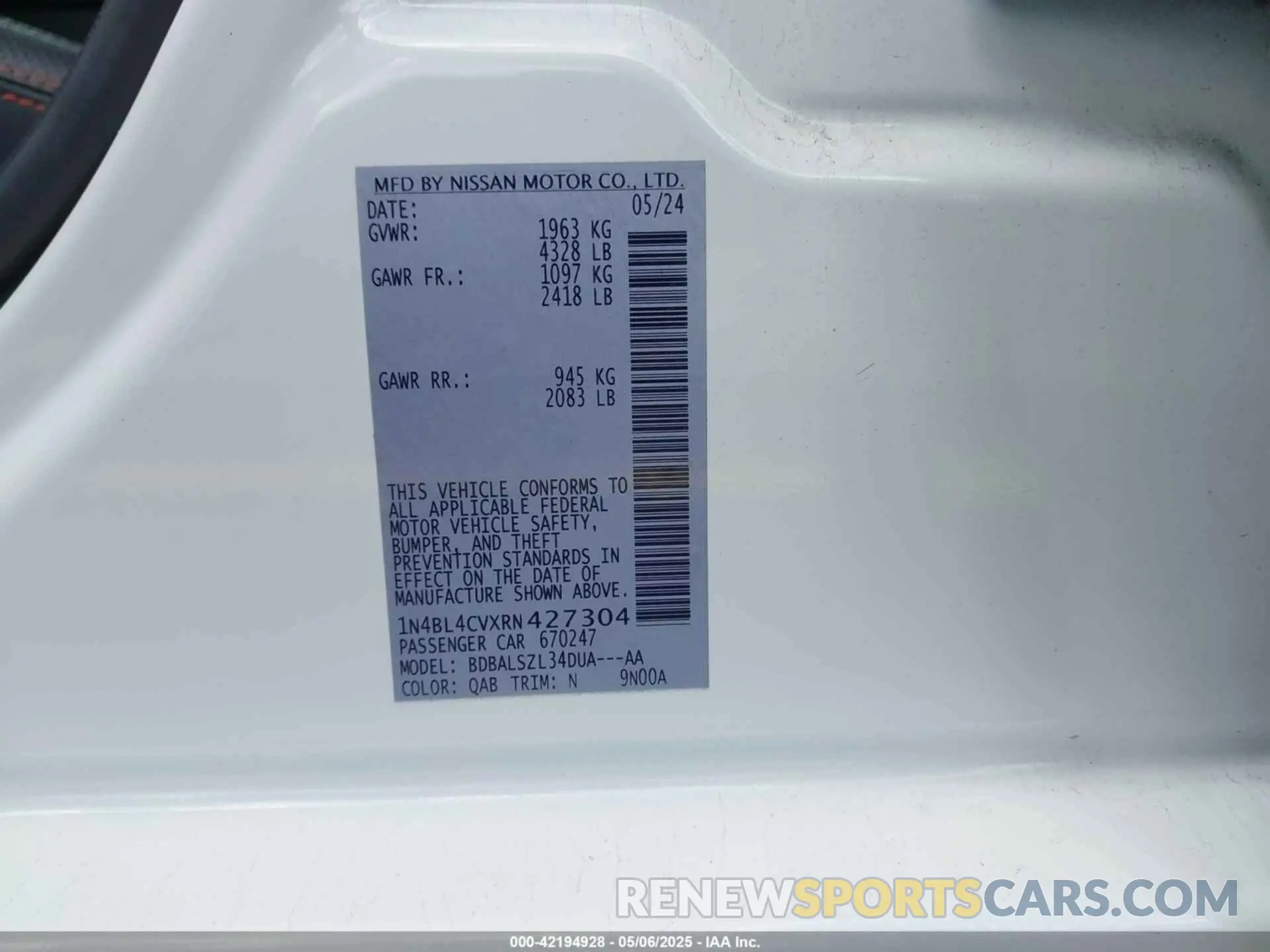 9 fotografías del automóvil dañado 1N4BL4CVXRN427304 NISSAN ALTIMA 2024