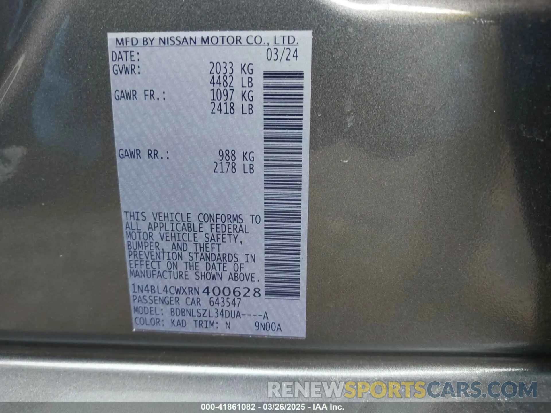 9 fotografías del automóvil dañado 1N4BL4CWXRN400628 NISSAN ALTIMA 2024