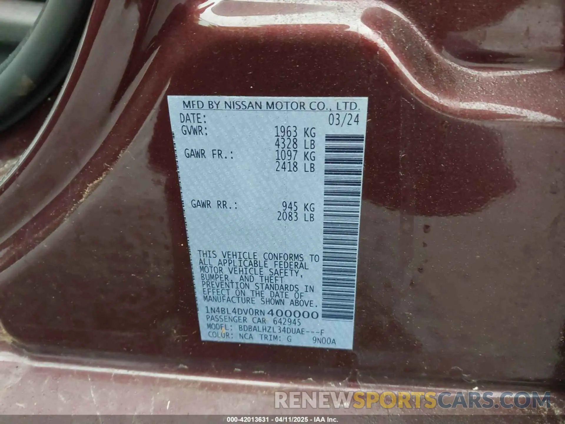 9 fotografías del automóvil dañado 1N4BL4DV0RN400000 NISSAN ALTIMA 2024