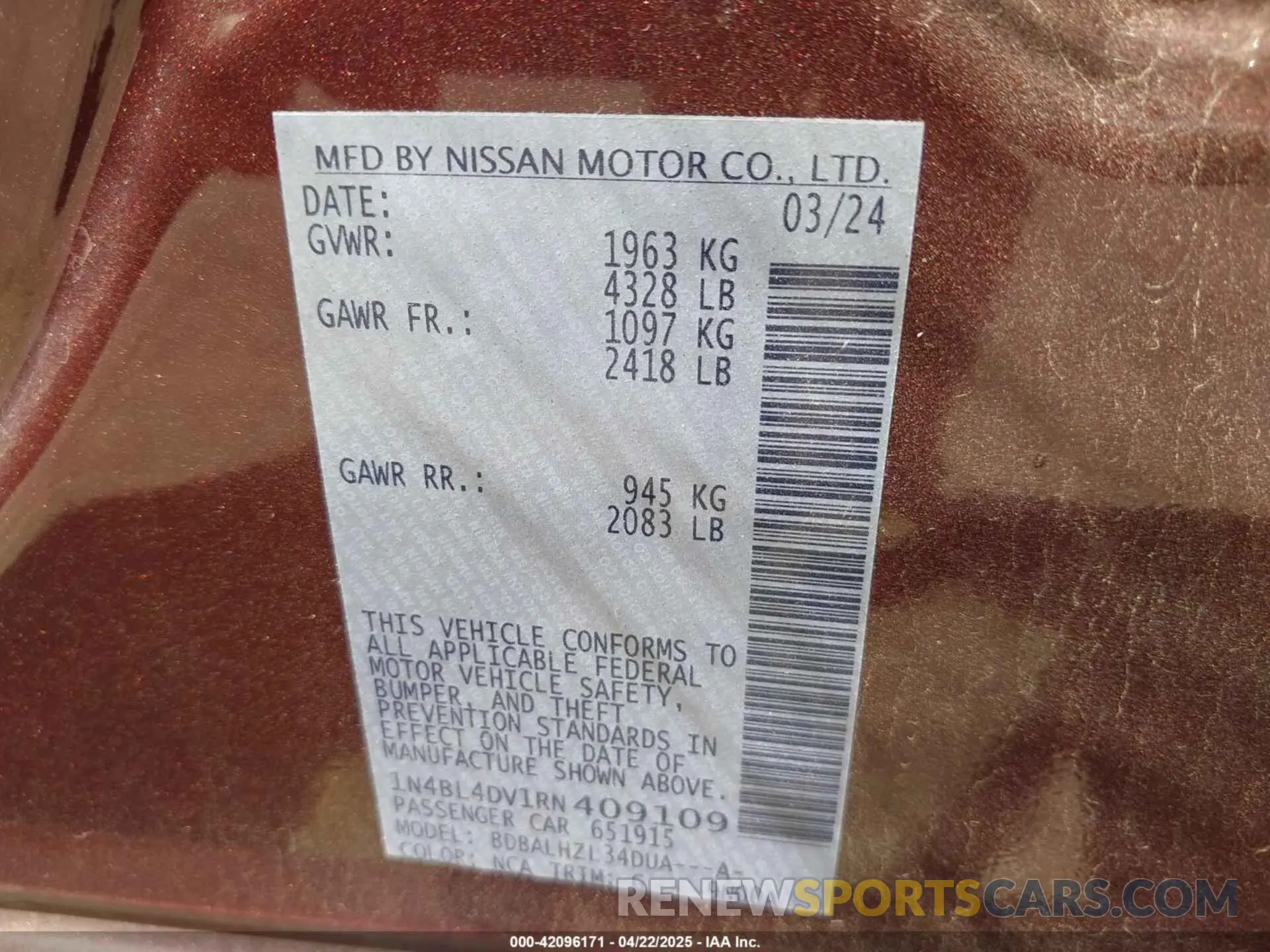 9 fotografías del automóvil dañado 1N4BL4DV1RN409109 NISSAN ALTIMA 2024