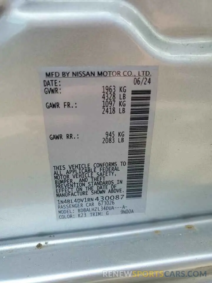 12 fotografías del automóvil dañado 1N4BL4DV1RN430087 NISSAN ALTIMA 2024