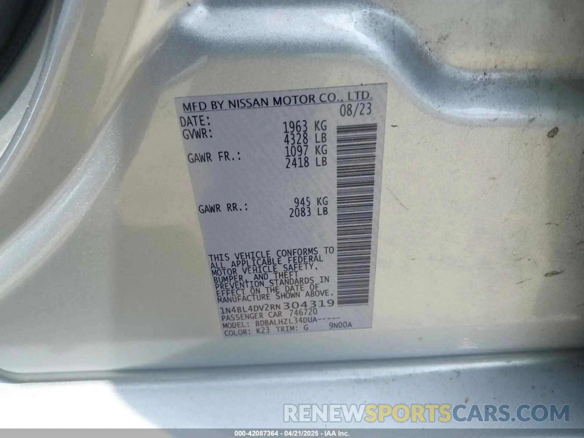 9 fotografías del automóvil dañado 1N4BL4DV2RN304319 NISSAN ALTIMA 2024