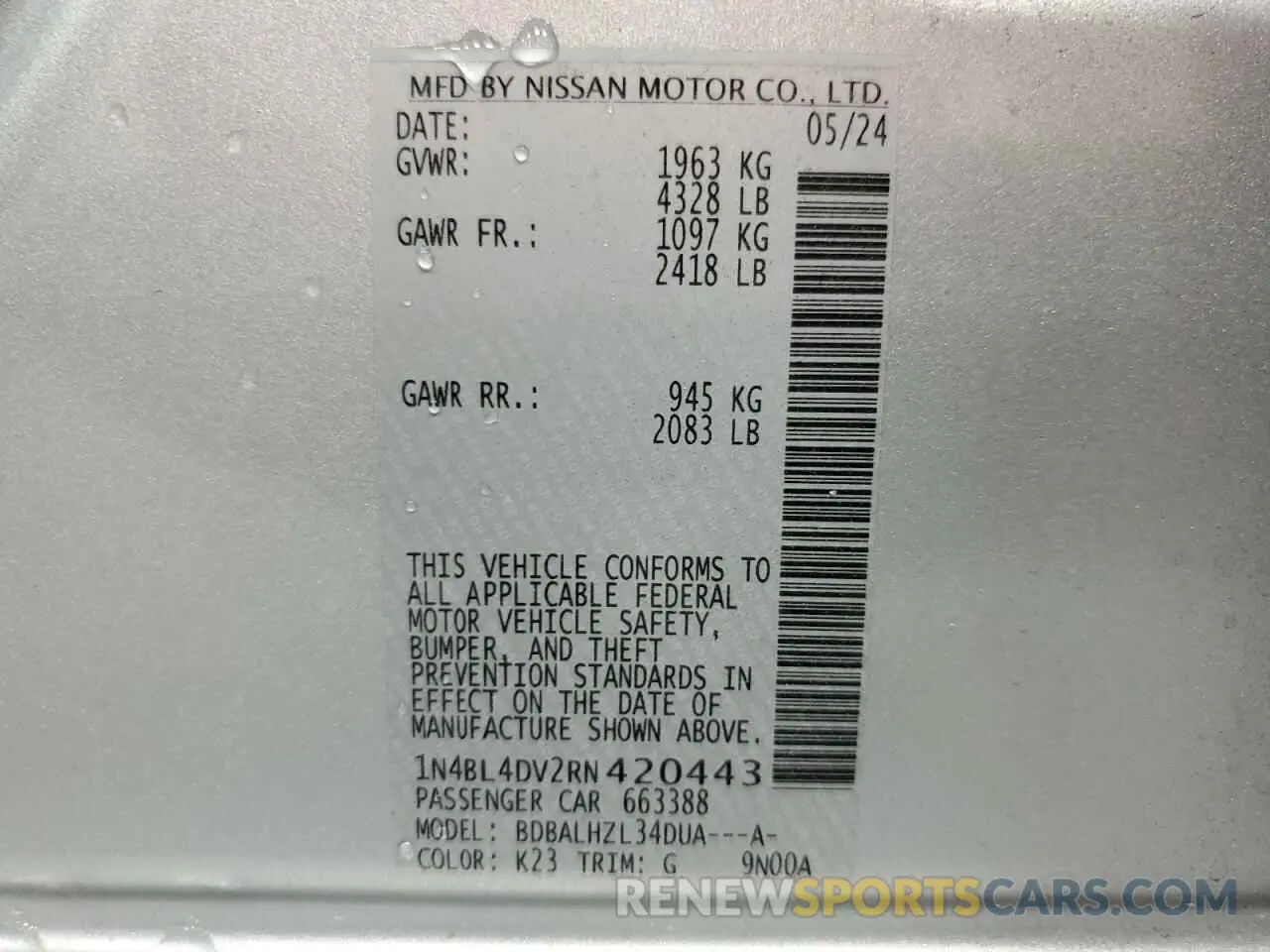 13 fotografías del automóvil dañado 1N4BL4DV2RN420443 NISSAN ALTIMA 2024