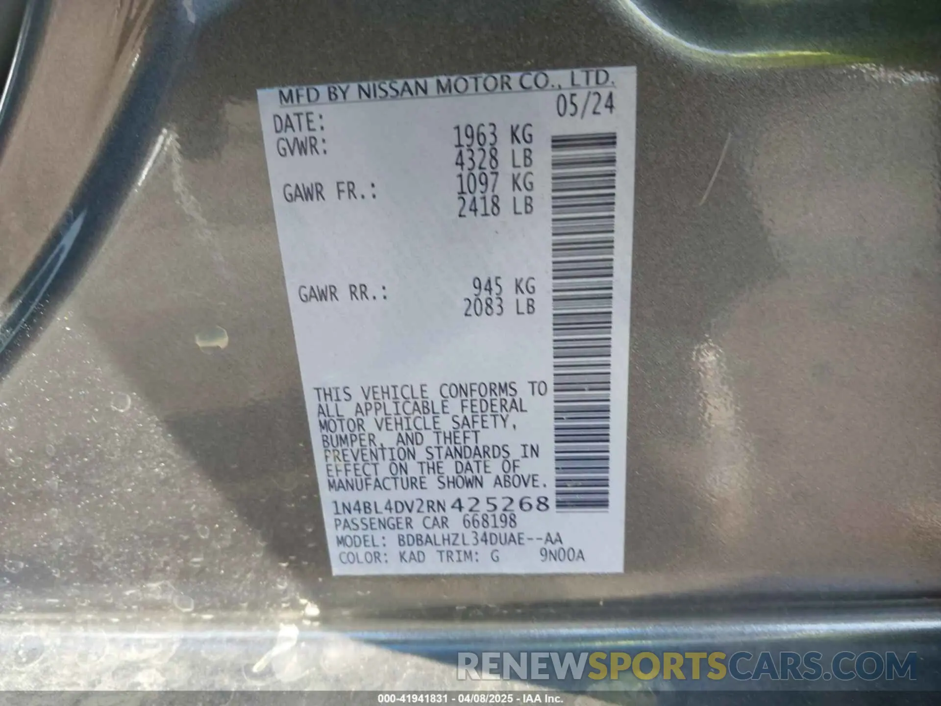 9 fotografías del automóvil dañado 1N4BL4DV2RN425268 NISSAN ALTIMA 2024