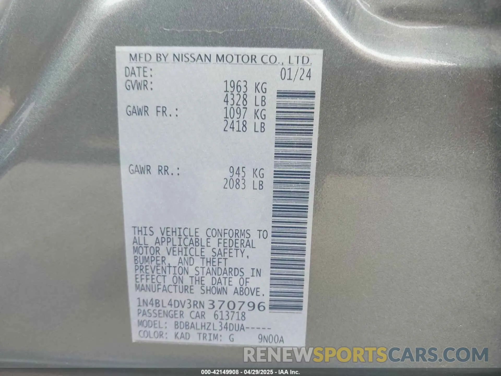 9 fotografías del automóvil dañado 1N4BL4DV3RN370796 NISSAN ALTIMA 2024
