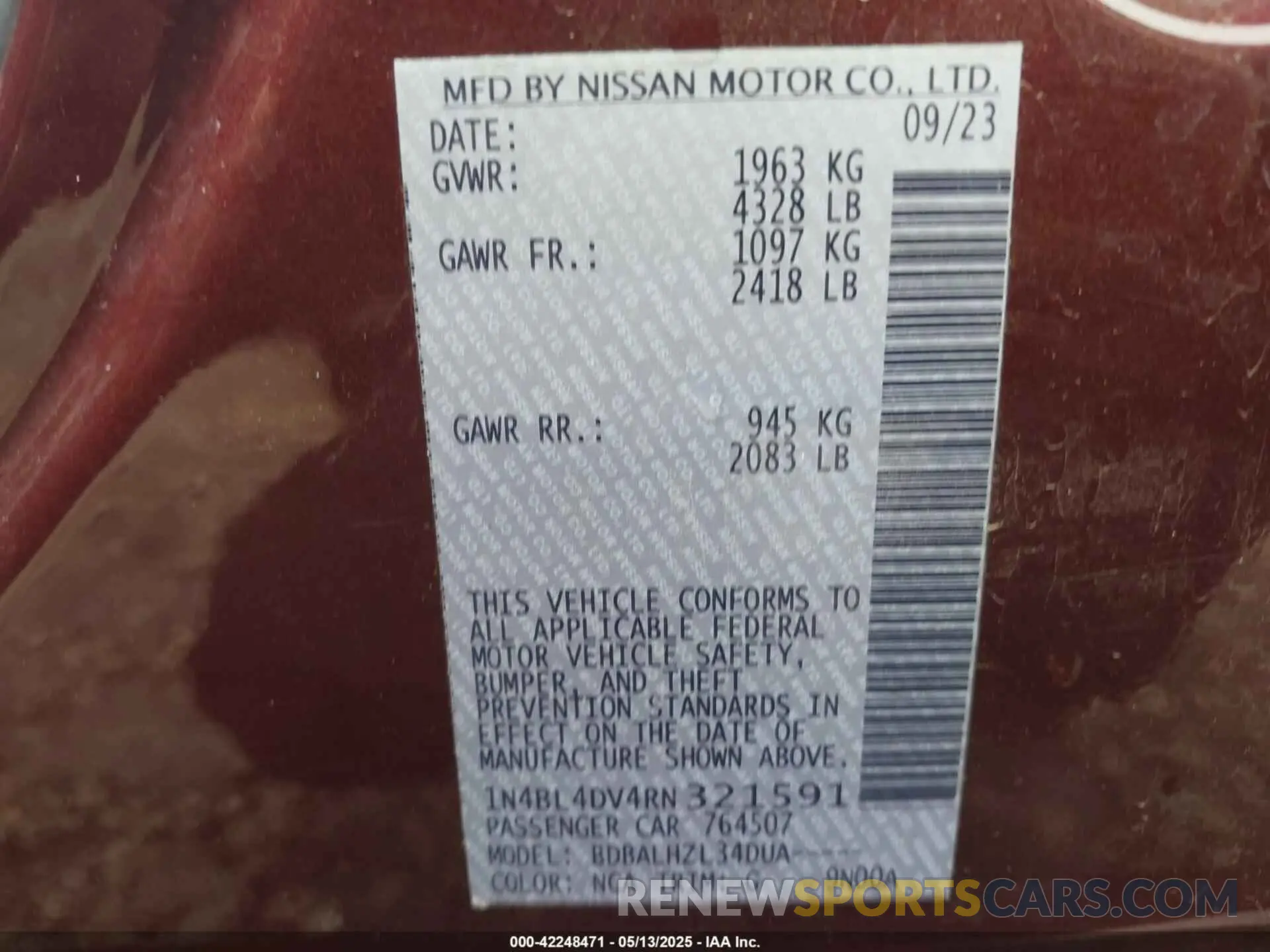 9 fotografías del automóvil dañado 1N4BL4DV4RN321591 NISSAN ALTIMA 2024
