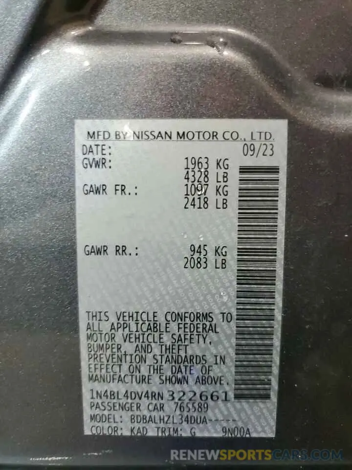 13 fotografías del automóvil dañado 1N4BL4DV4RN322661 NISSAN ALTIMA 2024