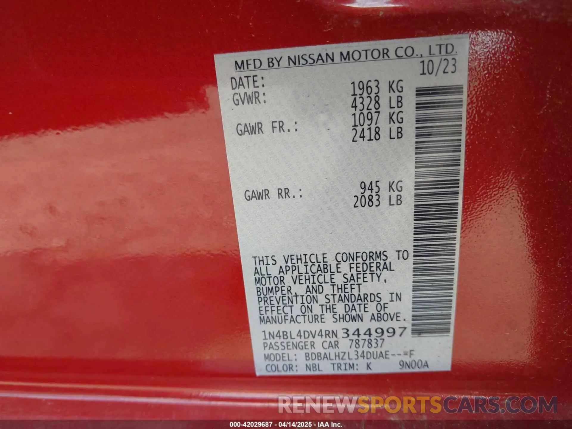 9 fotografías del automóvil dañado 1N4BL4DV4RN344997 NISSAN ALTIMA 2024