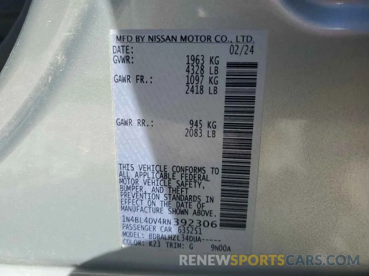 13 fotografías del automóvil dañado 1N4BL4DV4RN392306 NISSAN ALTIMA 2024