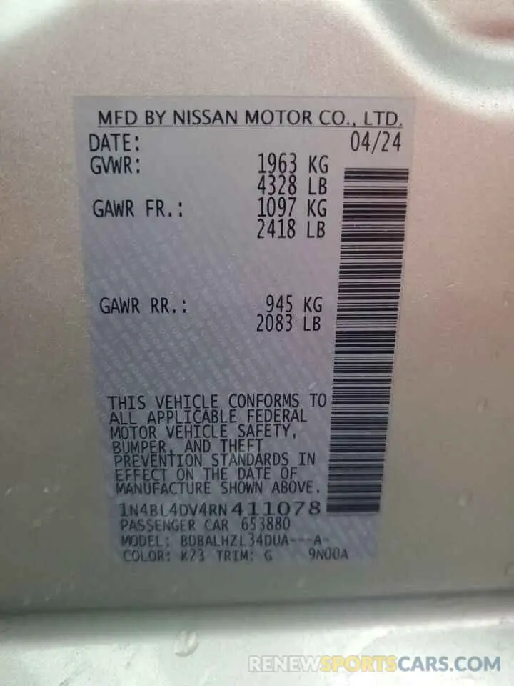 12 fotografías del automóvil dañado 1N4BL4DV4RN411078 NISSAN ALTIMA 2024