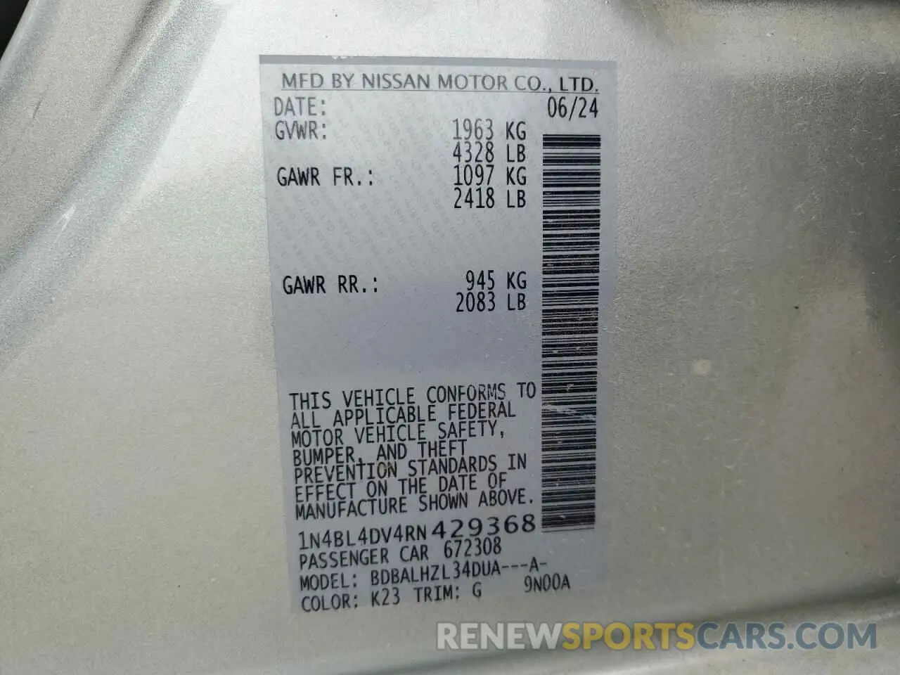 12 fotografías del automóvil dañado 1N4BL4DV4RN429368 NISSAN ALTIMA 2024