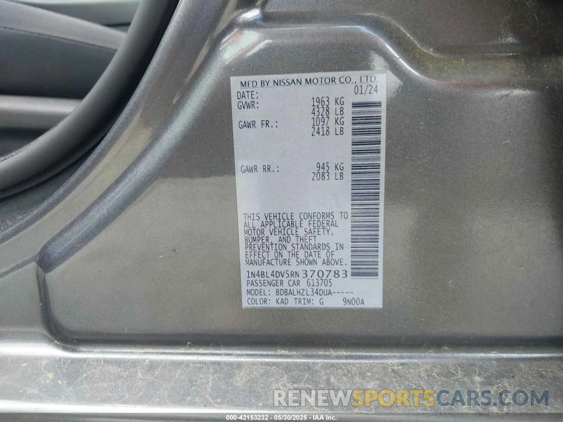 9 fotografías del automóvil dañado 1N4BL4DV5RN370783 NISSAN ALTIMA 2024