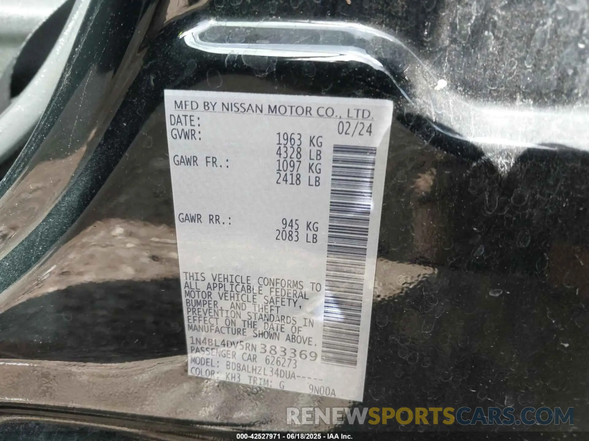 9 fotografías del automóvil dañado 1N4BL4DV5RN383369 NISSAN ALTIMA 2024