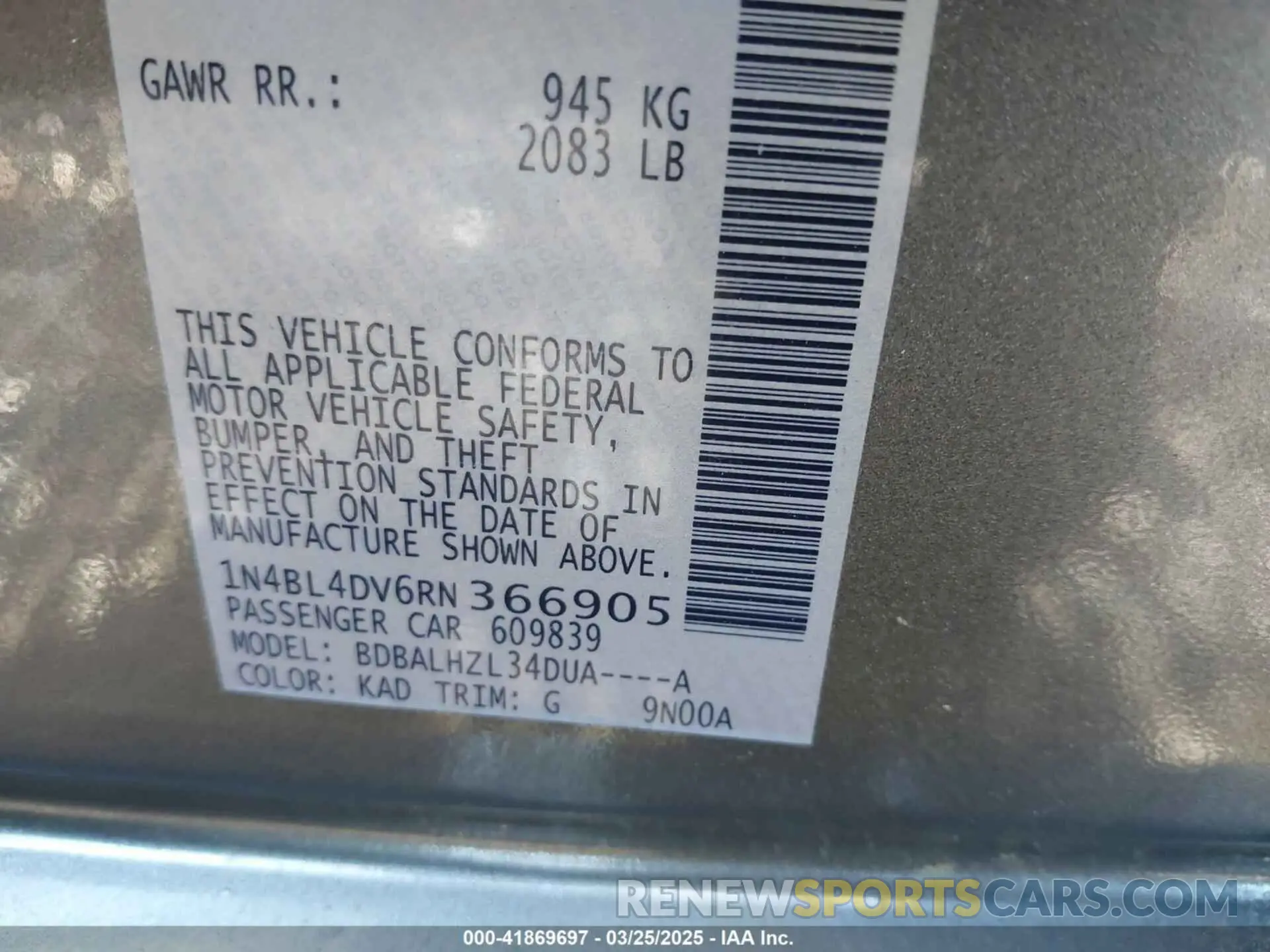 9 fotografías del automóvil dañado 1N4BL4DV6RN366905 NISSAN ALTIMA 2024