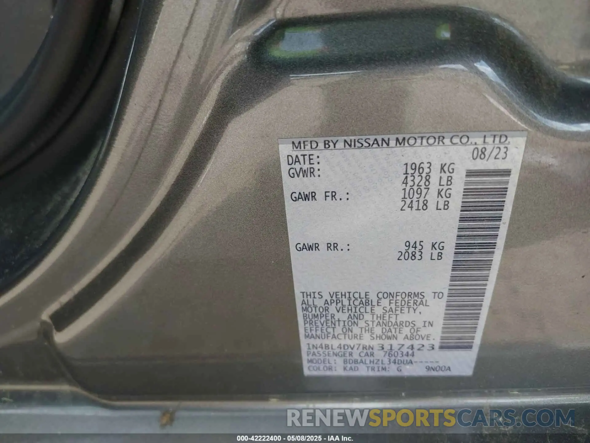 9 fotografías del automóvil dañado 1N4BL4DV7RN317423 NISSAN ALTIMA 2024