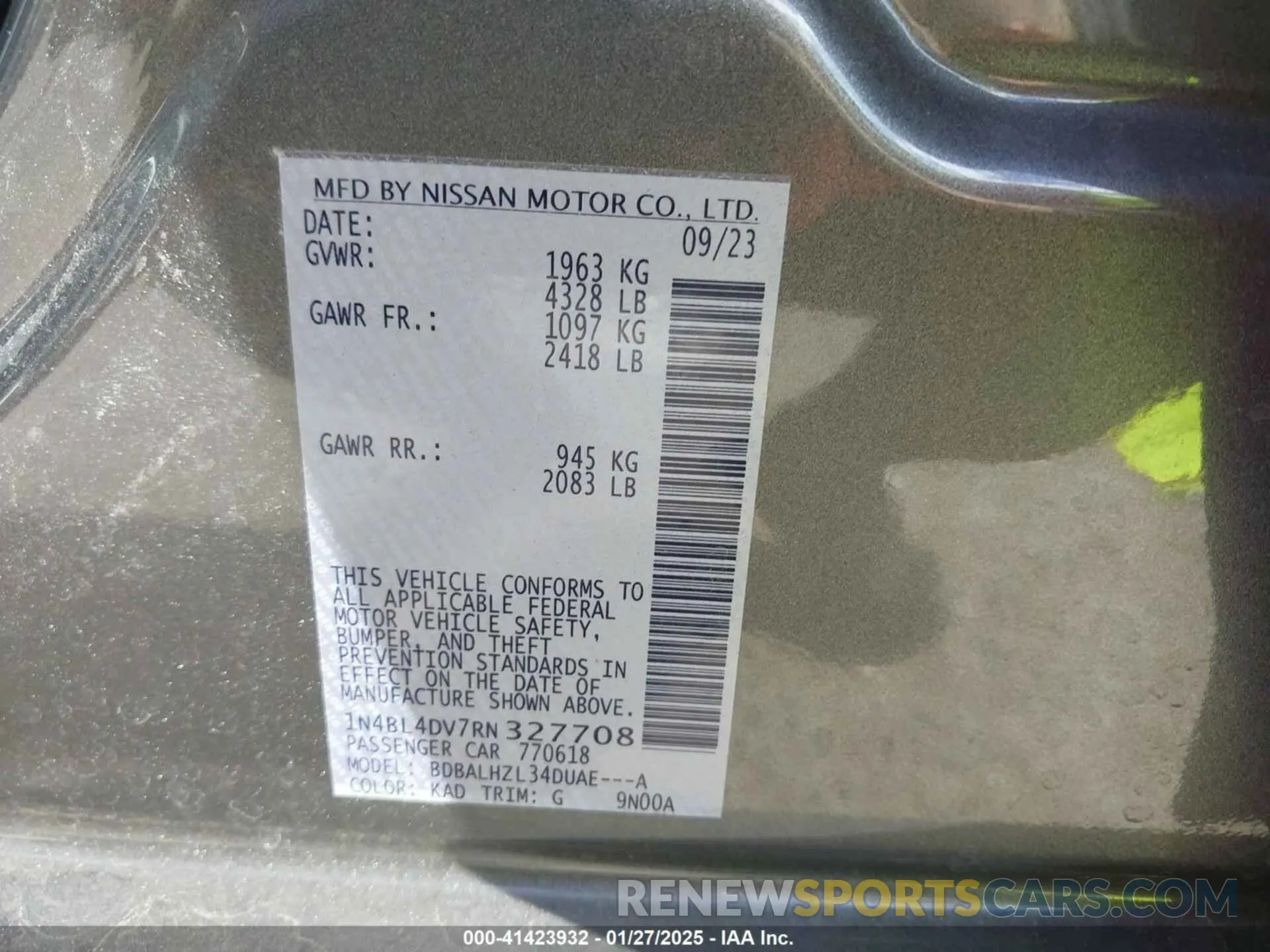 9 fotografías del automóvil dañado 1N4BL4DV7RN327708 NISSAN ALTIMA 2024