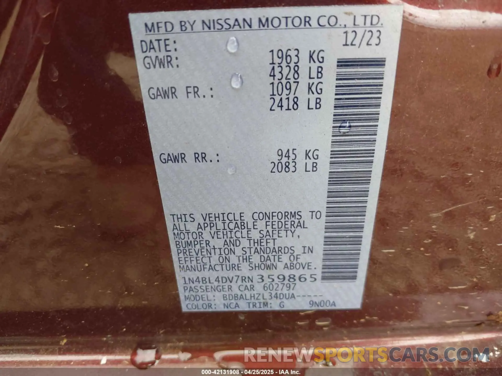 9 fotografías del automóvil dañado 1N4BL4DV7RN359865 NISSAN ALTIMA 2024