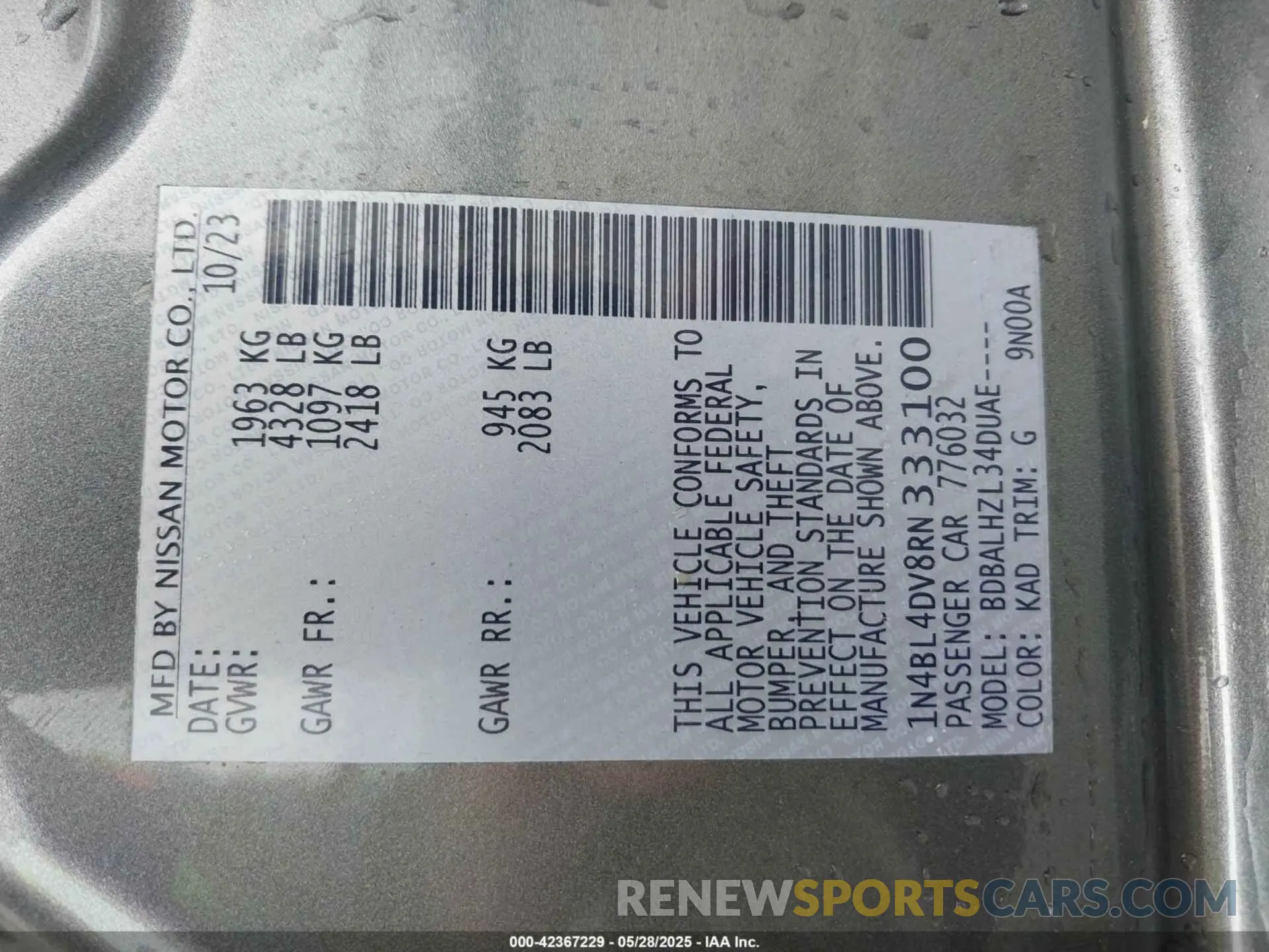 9 fotografías del automóvil dañado 1N4BL4DV8RN333100 NISSAN ALTIMA 2024