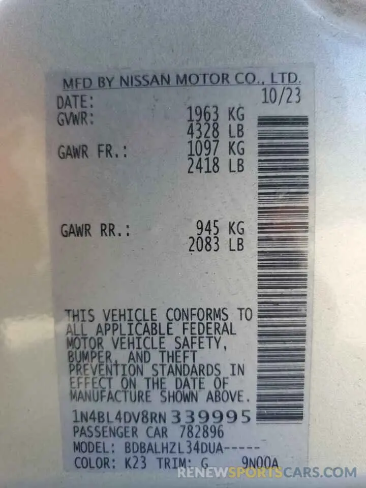 12 fotografías del automóvil dañado 1N4BL4DV8RN339995 NISSAN ALTIMA 2024