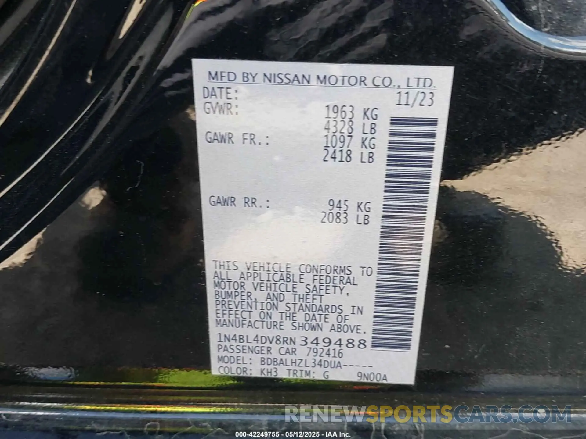 9 fotografías del automóvil dañado 1N4BL4DV8RN349488 NISSAN ALTIMA 2024