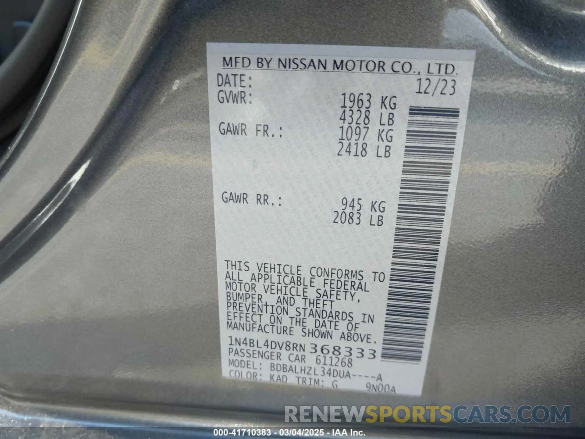 9 fotografías del automóvil dañado 1N4BL4DV8RN368333 NISSAN ALTIMA 2024