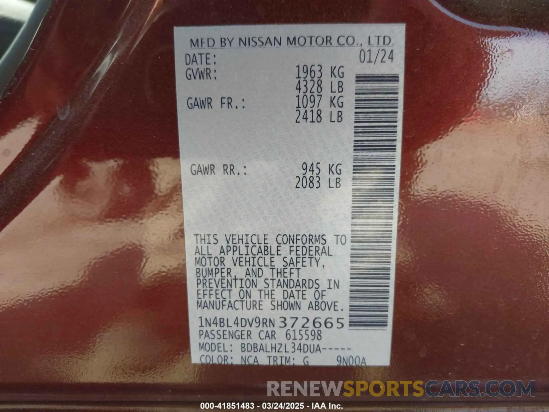 9 fotografías del automóvil dañado 1N4BL4DV9RN372665 NISSAN ALTIMA 2024