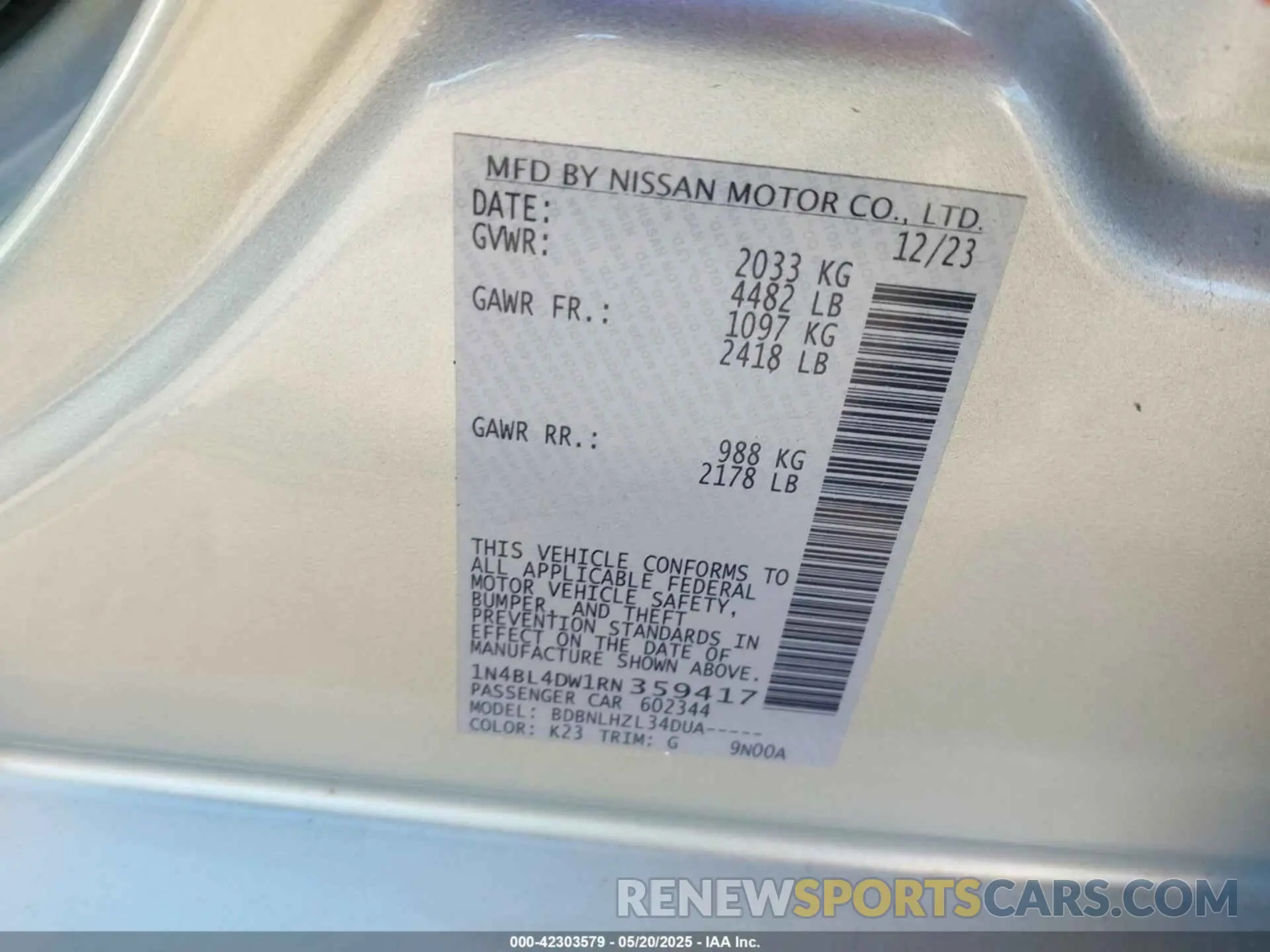 9 fotografías del automóvil dañado 1N4BL4DW1RN359417 NISSAN ALTIMA 2024