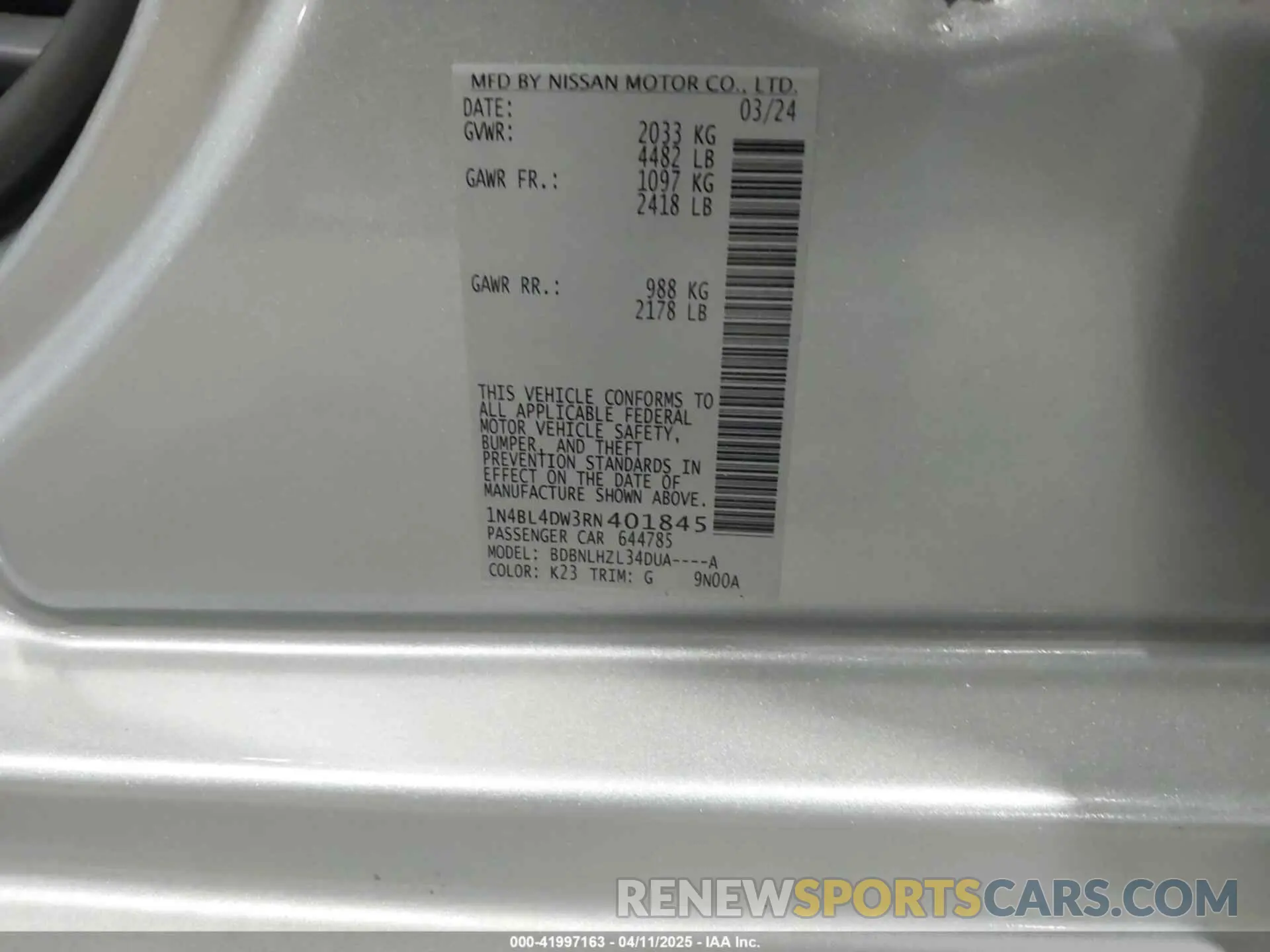 9 fotografías del automóvil dañado 1N4BL4DW3RN401845 NISSAN ALTIMA 2024