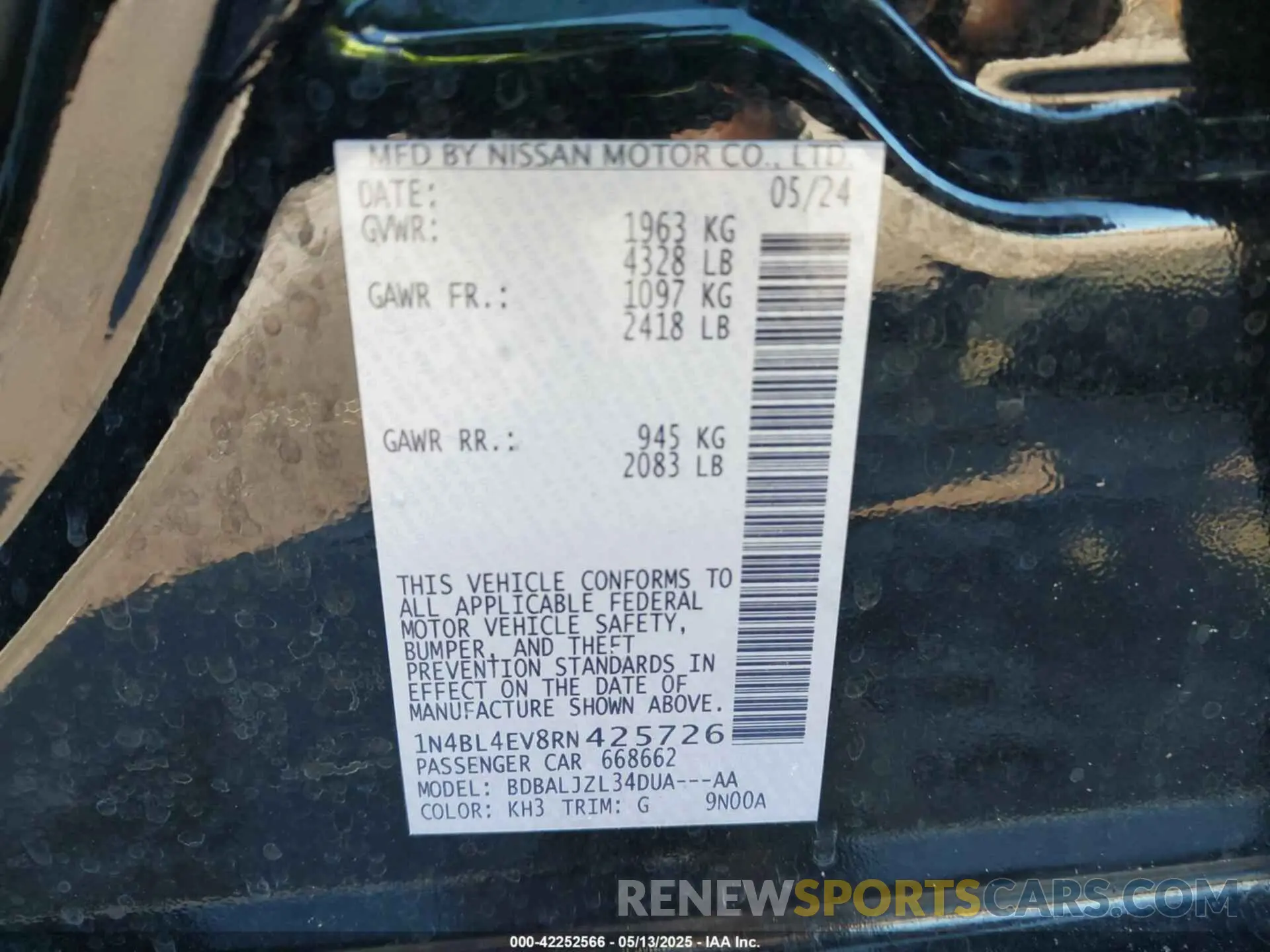 9 fotografías del automóvil dañado 1N4BL4EV8RN425726 NISSAN ALTIMA 2024