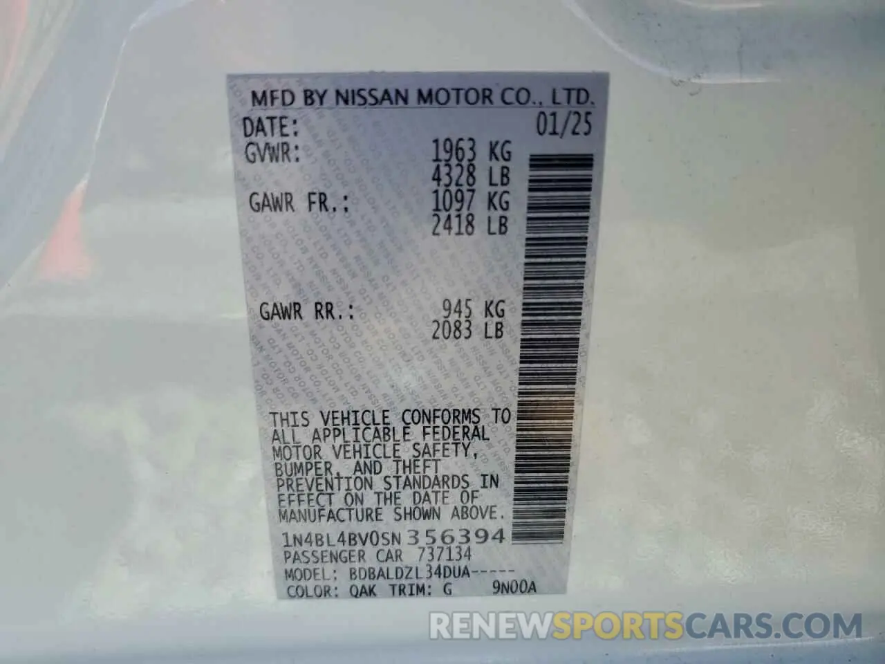 12 fotografías del automóvil dañado 1N4BL4BV0SN356394 NISSAN ALTIMA 2025