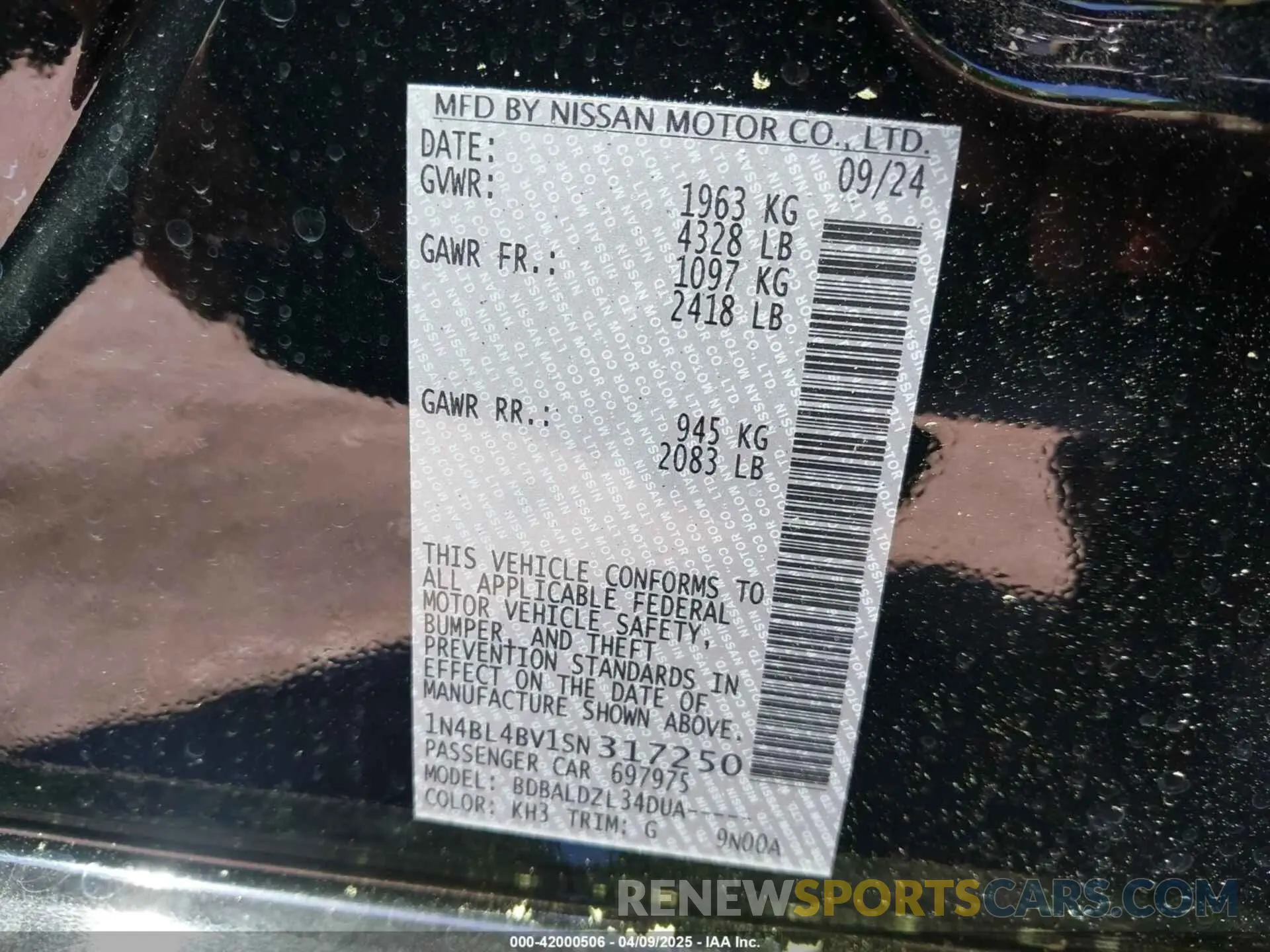 9 fotografías del automóvil dañado 1N4BL4BV1SN317250 NISSAN ALTIMA 2025