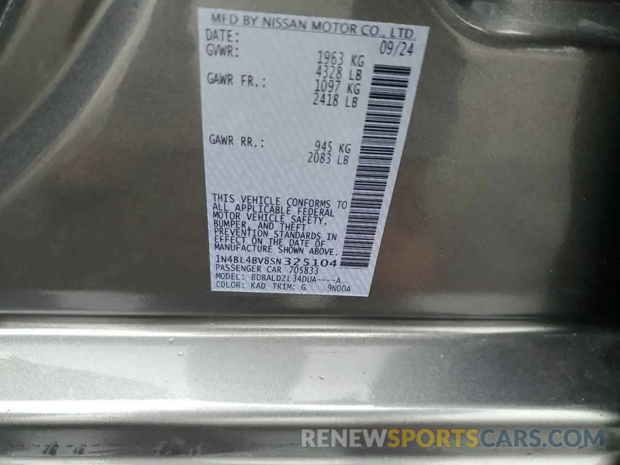 13 fotografías del automóvil dañado 1N4BL4BV8SN325104 NISSAN ALTIMA 2025