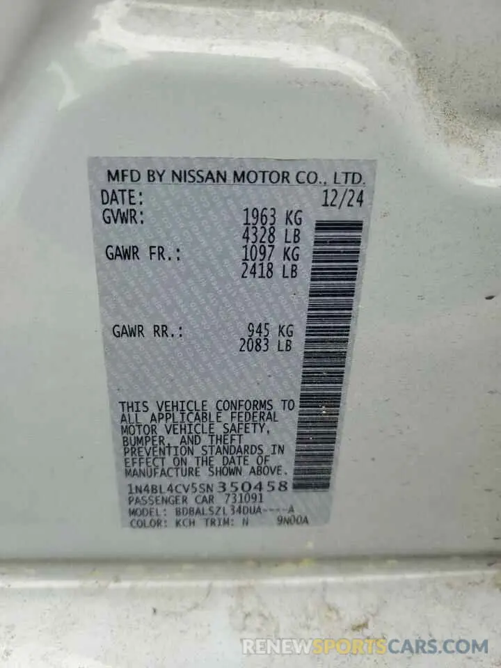 12 fotografías del automóvil dañado 1N4BL4CV5SN350458 NISSAN ALTIMA 2025