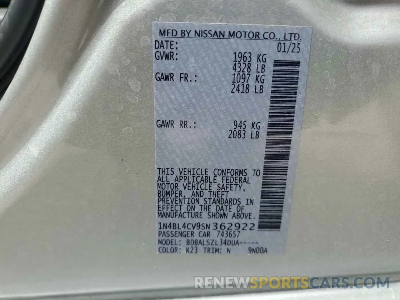 12 fotografías del automóvil dañado 1N4BL4CV9SN362922 NISSAN ALTIMA 2025