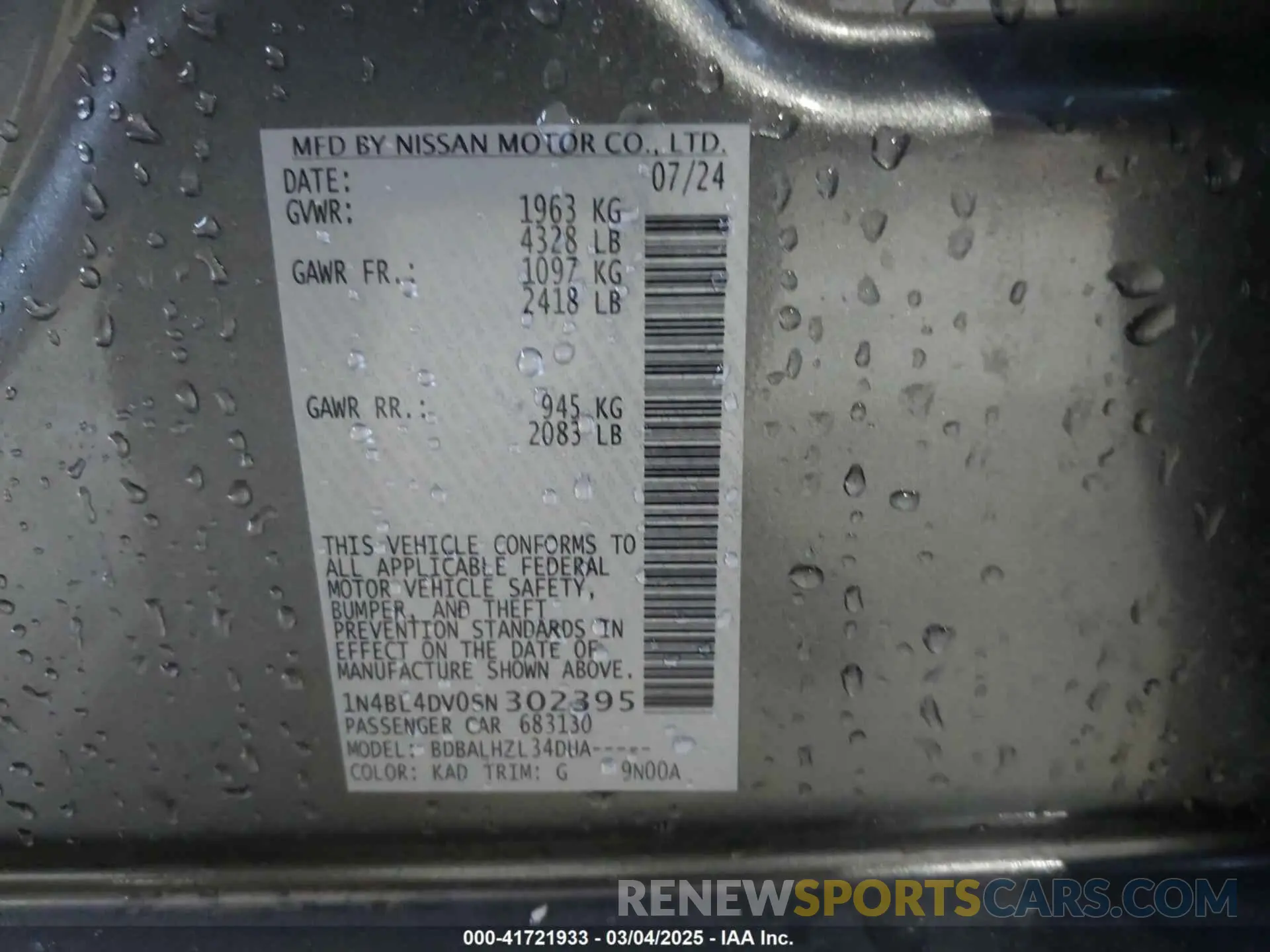9 fotografías del automóvil dañado 1N4BL4DV0SN302395 NISSAN ALTIMA 2025