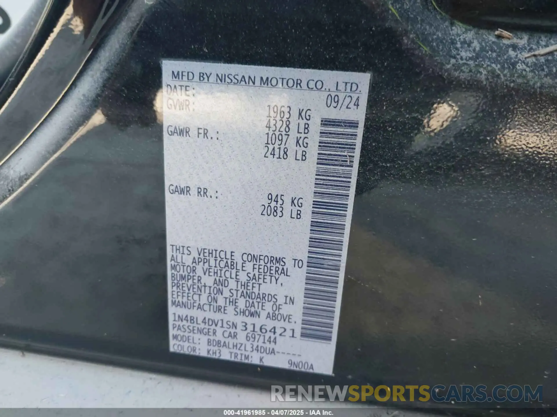 9 fotografías del automóvil dañado 1N4BL4DV1SN316421 NISSAN ALTIMA 2025