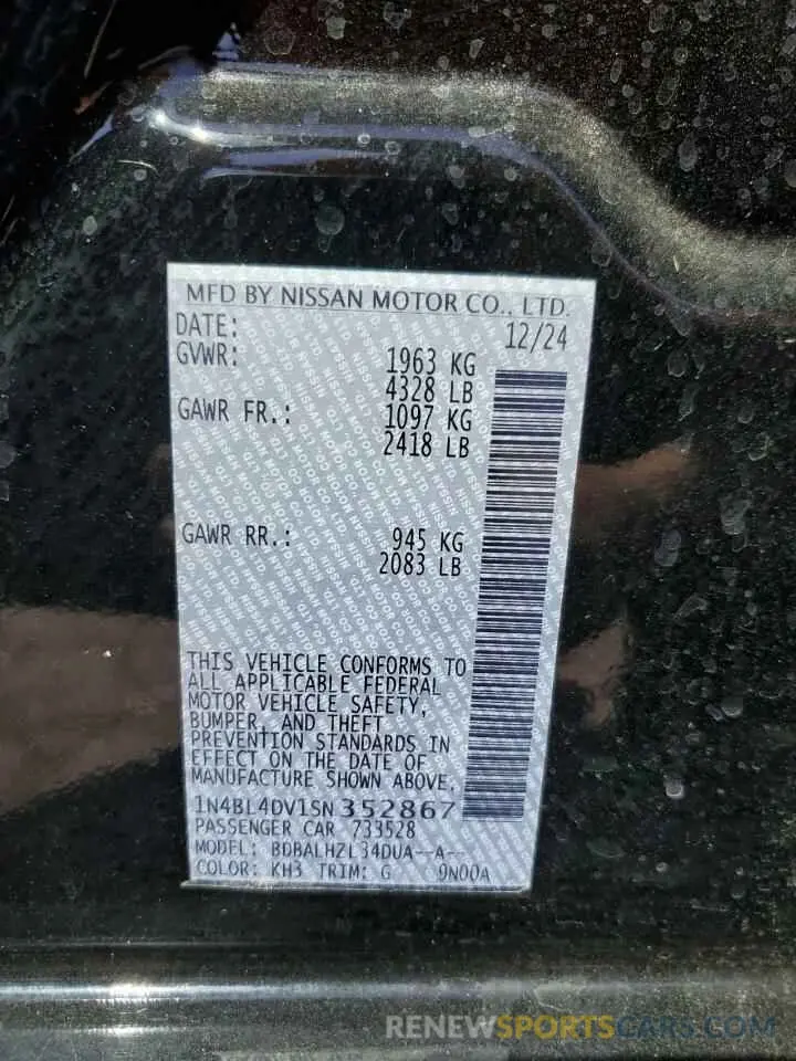 12 fotografías del automóvil dañado 1N4BL4DV1SN352867 NISSAN ALTIMA 2025